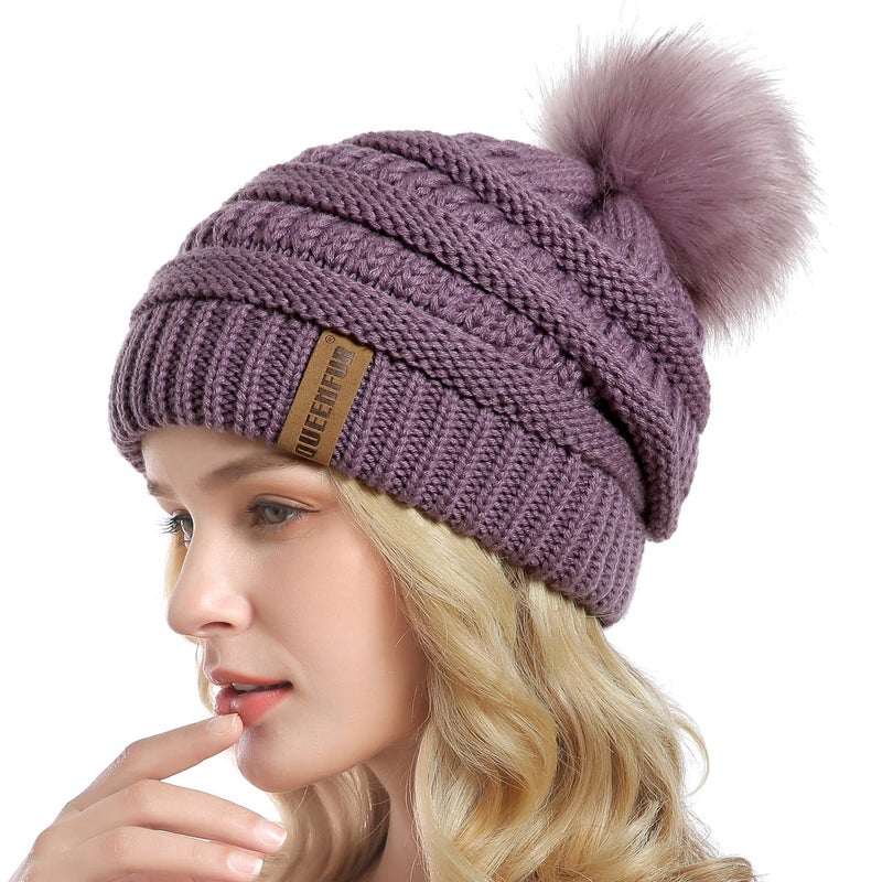 QUEENFUR Women Knit Slouchy Beanie Chunky Baggy Hat with Faux Fur Pompom Winter Soft Warm Ski Cap - Image 2